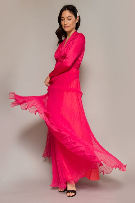 Miss Elliette Fuchsia 1970's Accordian Pleated Gow