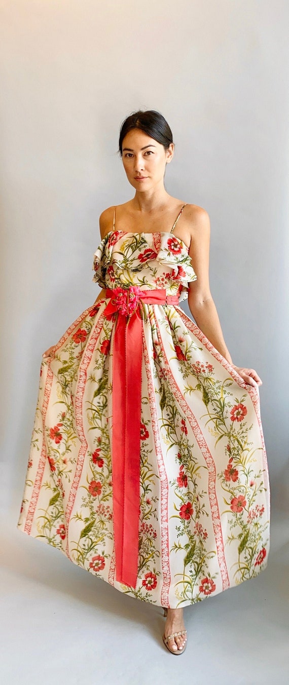 1970's Floral Printed Dress with Ruffled Cape