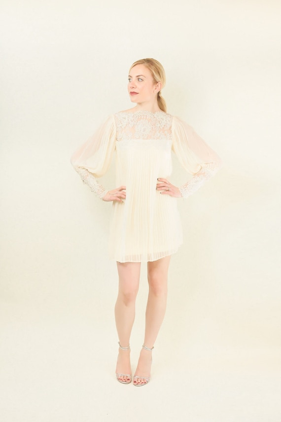 Cream Pleated And Lace Mini Dress - image 1