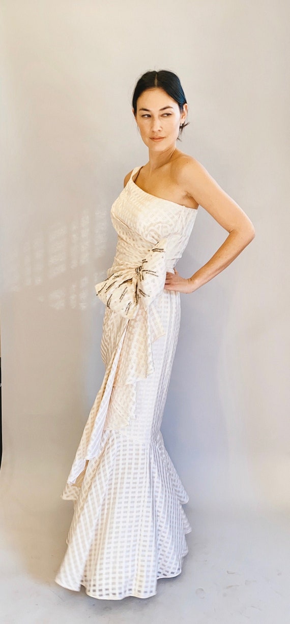One Shoulder White Ruben Panis Silk Gown/Dress W/