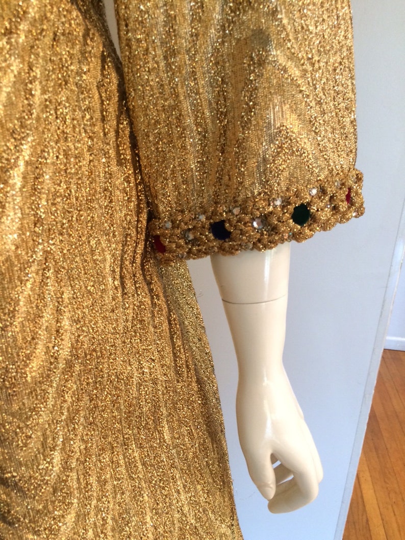 Vintage 1960/'s Metallic Gold Holiday Cocktail Shift Dress with Crystal and Velvet Embellishment