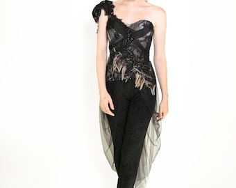 Les Habitudes Black & Champagne Beaded Tulle Corset