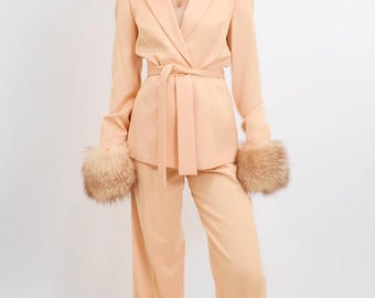 Escada Vintage Womens Peach Fox Fur Cuff Belted Suit