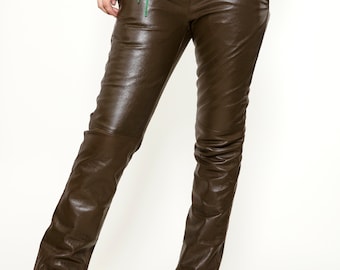 Miu Miu Brown Leather Pants with Ribbed Cuff