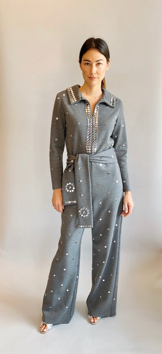 1970's Gray Wool Silver Studded, Belted Jumpsuit