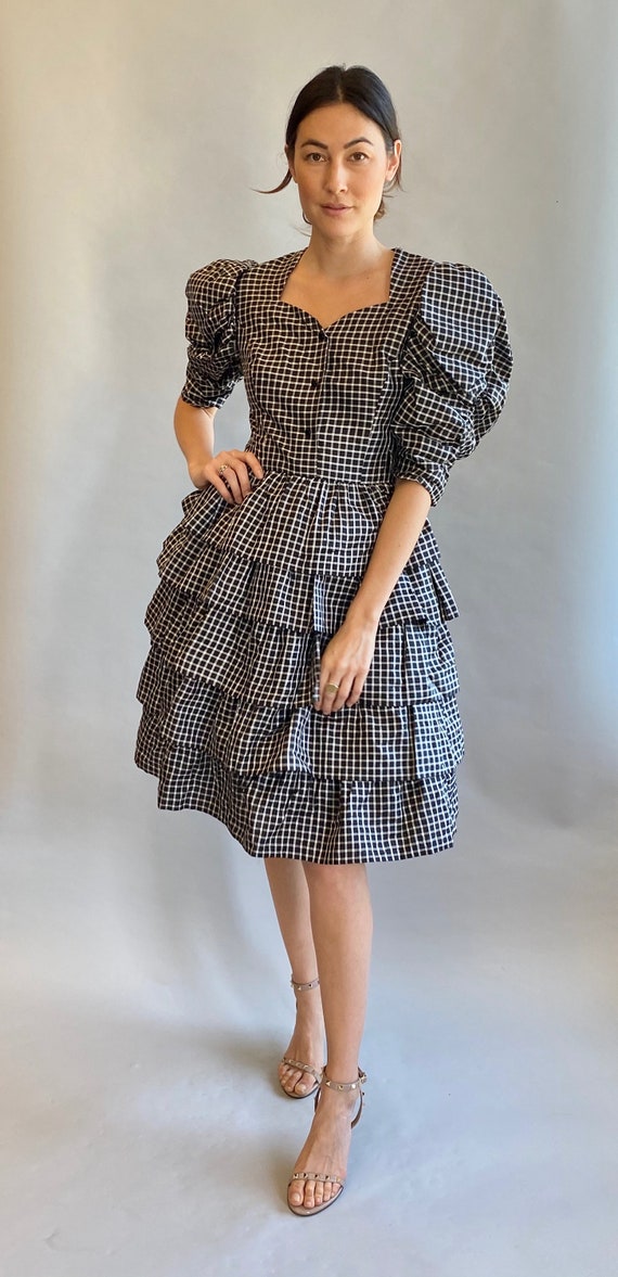 Hanae Mori Gingham Black & White Puffed Sleeve Coc