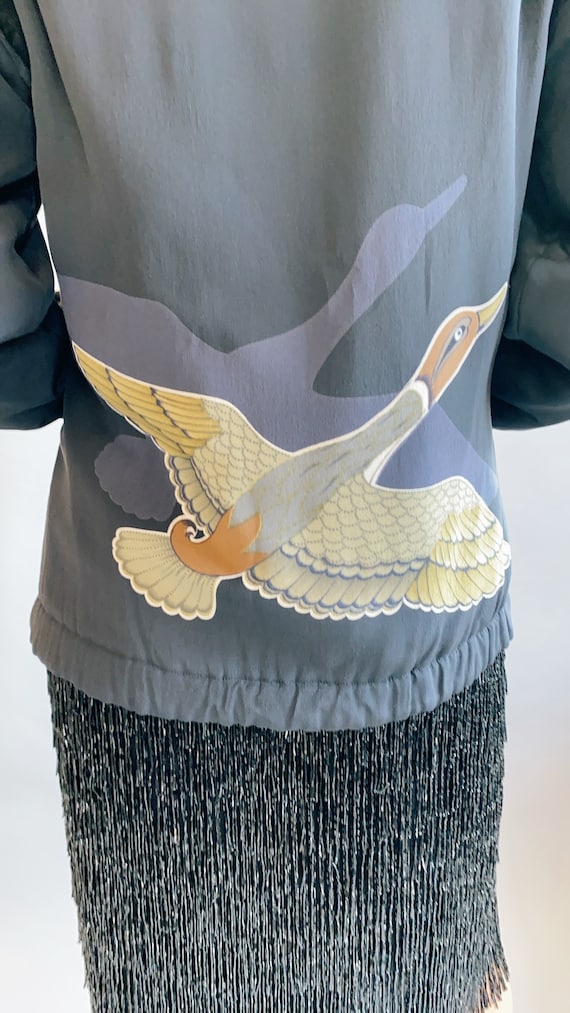 Silk Bomber Jacket with Crane/Goose Print