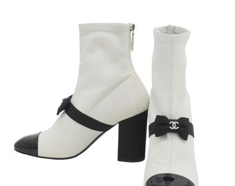 Chanel White Leather Boots With Patent Toe & Bow