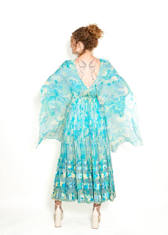 Vintage 1970's Blue Silk Printed Chiffon Dress