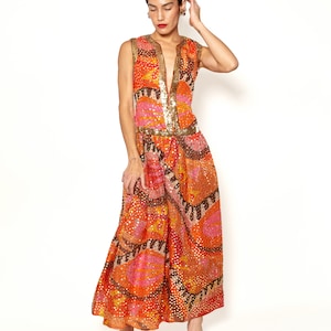 Vintage Oscar De La Renta Silk Colorful Gown With Gold Sequins