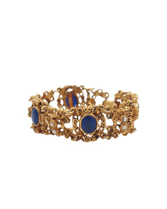 LJM Signed Gold Lapis Filigree Bracelet