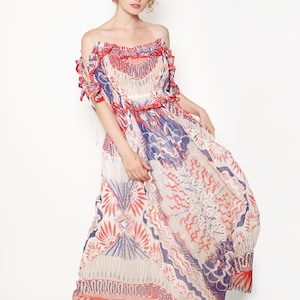 Zandra Rhodes Documented 1977,  Lace up Sleeve Off the Shoulder Dress