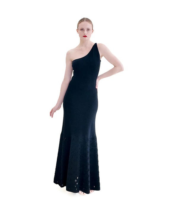 chanel one shoulder dress Chanel by Karl Lagerfeld Spring 2012 Black Knit One Shoulder Gown with Knit Cutout Detail