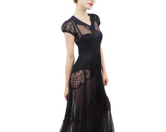 1930's Navy Chiffon & Lace Dress