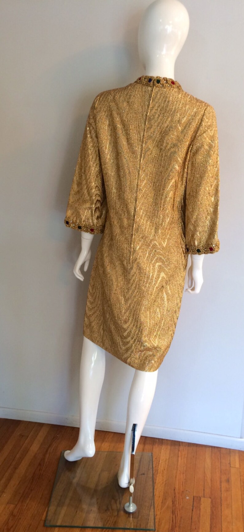 Vintage 1960/'s Metallic Gold Holiday Cocktail Shift Dress with Crystal and Velvet Embellishment
