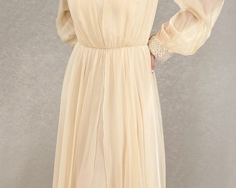 Jean Louis Ivory Silk Chiffon Beaded Shoulder Dress