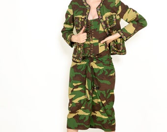 Moschino Couture Camouflage 3 Pc Skirt, Jacket, & Corset Set