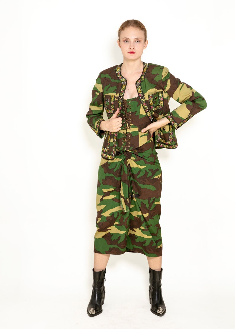 Moschino Couture Camouflage 3 Pc Skirt, Jacket, & Corset Set image 1