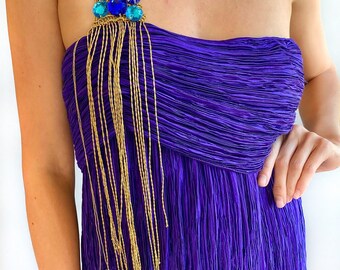 Mary McFadden Pleated One Shoulder Gold Fringe Dress