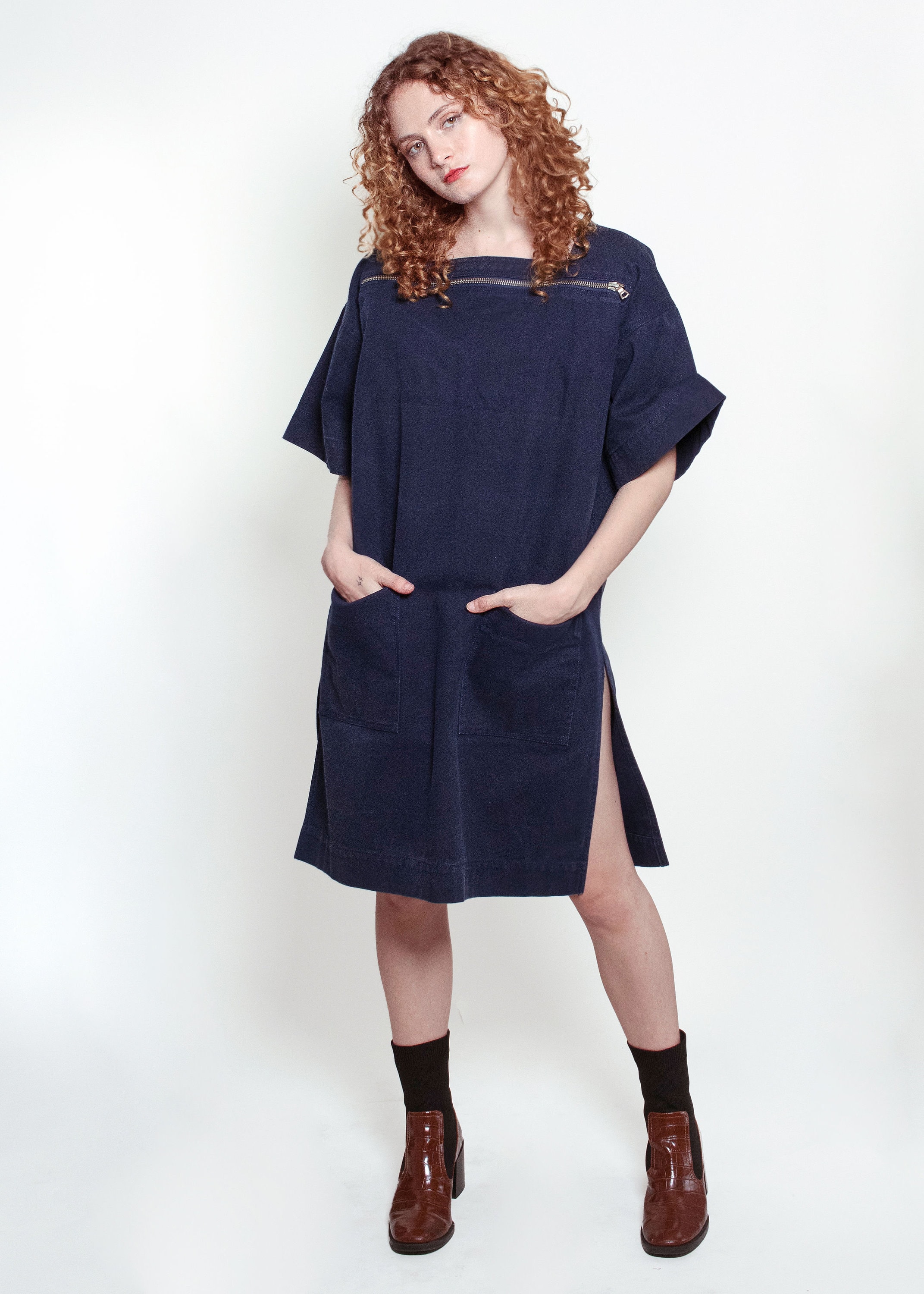 Courreges Navy Denim Zipper Dress With Pockets