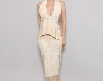 1920's Cream Embroidered Fringe Rope Belt Dress