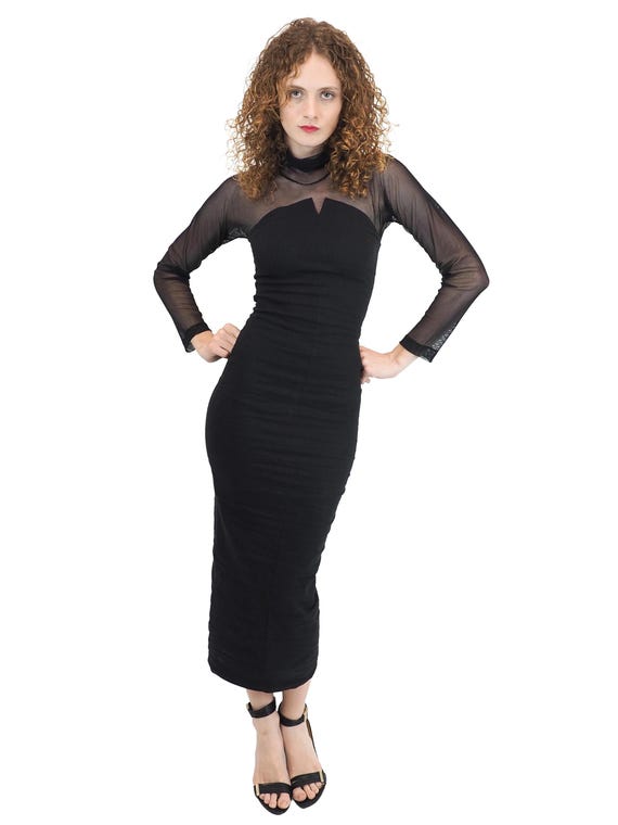 Romeo Gigli, Romeo Gigli S/S 1987 Black Dress W Mesh Turtleneck Top Set