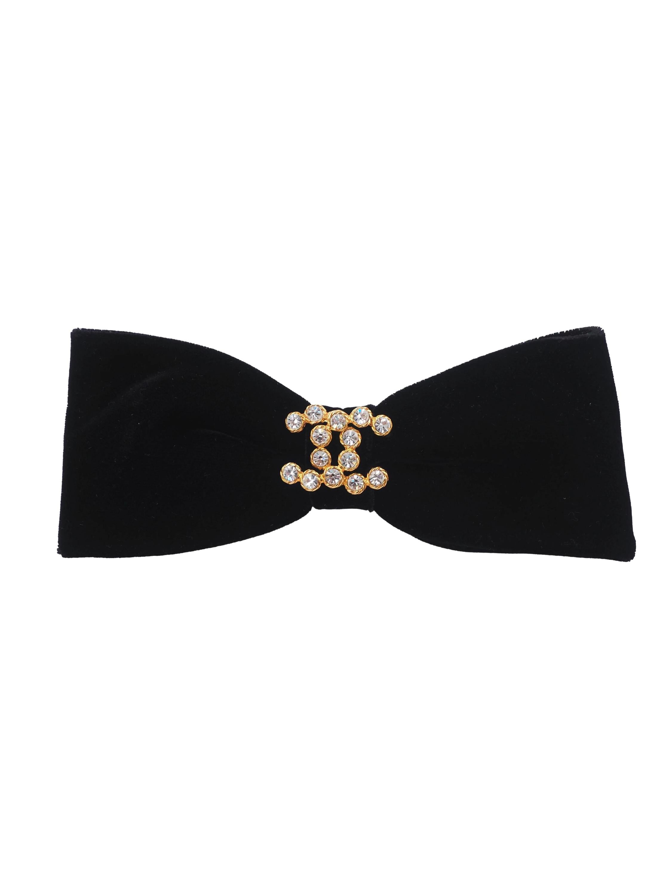 ? ChaneI Black 90s Retro Velour Velvet Gold Tone Signature Bow Barrett Clip Chanel Vintage 81 85 Vintage Black Velvet Gold-Plated Bow  main image 2