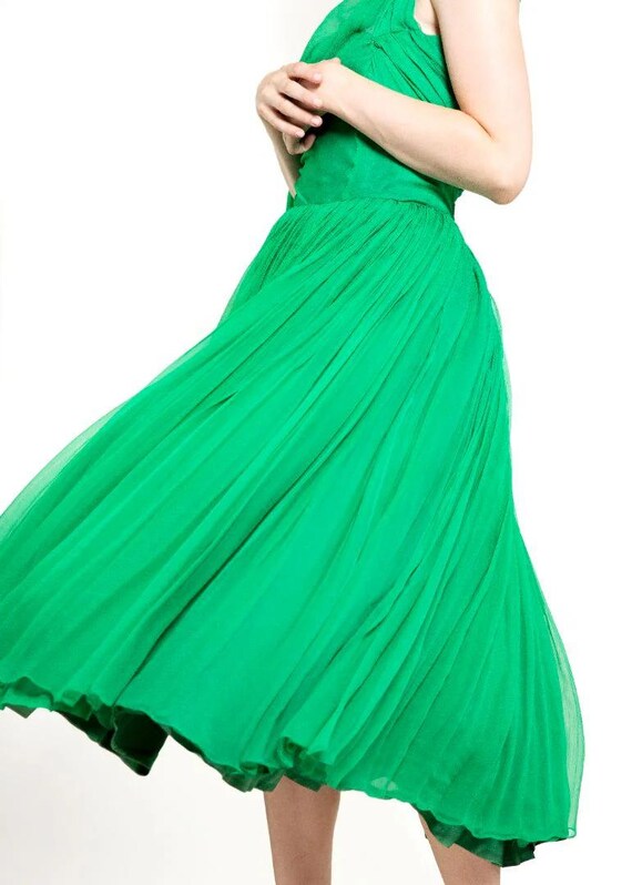 1950's Vintage Kelly Green Silk Chiffon Cocktail Dress