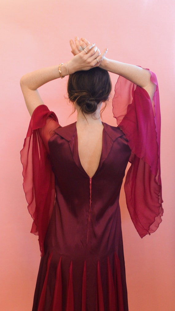 Vintage Stavropoulos Burgundy Chiffon Bell Sleeve Gown