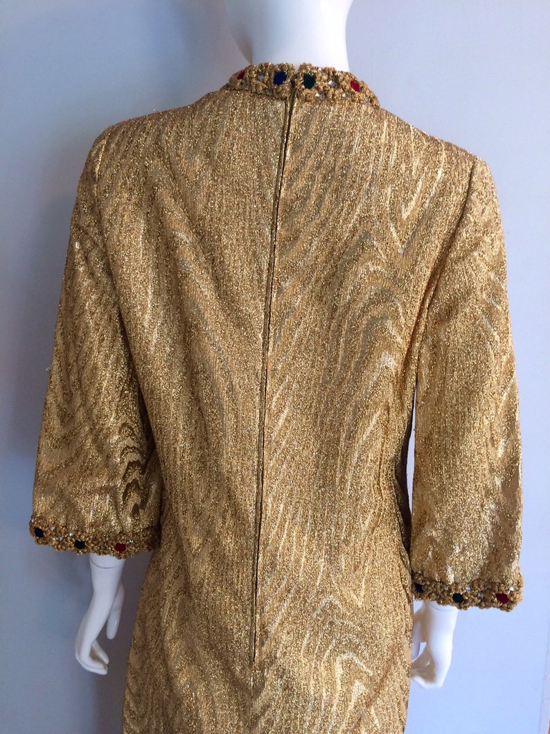 Vintage 1960/'s Metallic Gold Holiday Cocktail Shift Dress with Crystal and Velvet Embellishment
