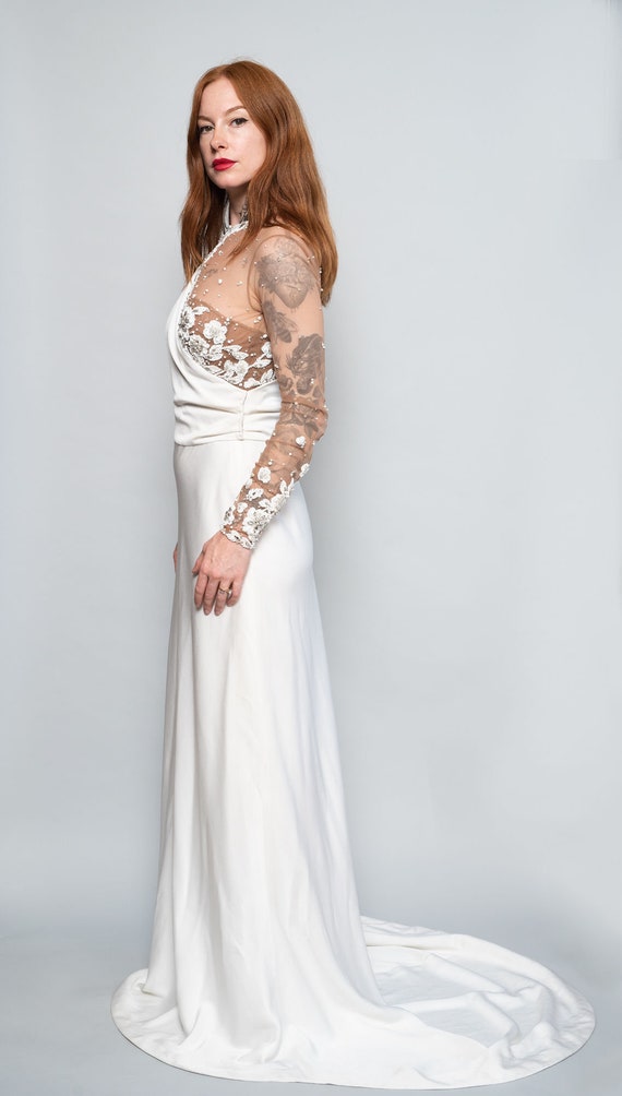 Buy Illusion Mesh Long Sleeve Beaded Bodice Gown With Train Online in India  - Etsy