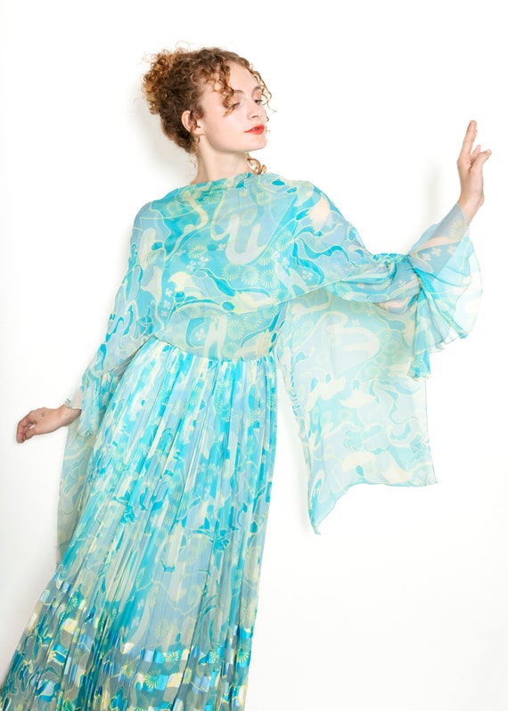 Vintage 1970's Blue Silk Printed Chiffon Dress - image 4