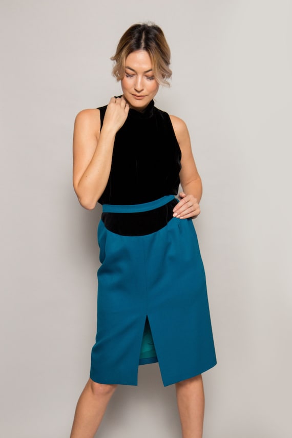 1980's Valentino Teal Blue Skirt w/ Velvet Trim