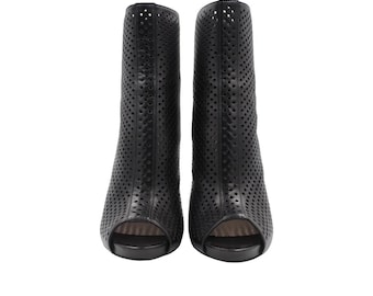 Prada Black Leather Open Toe Eyelet Booties