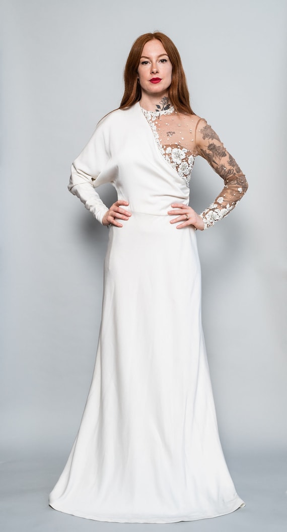 Illusion Beaded Bodice Gown with Train