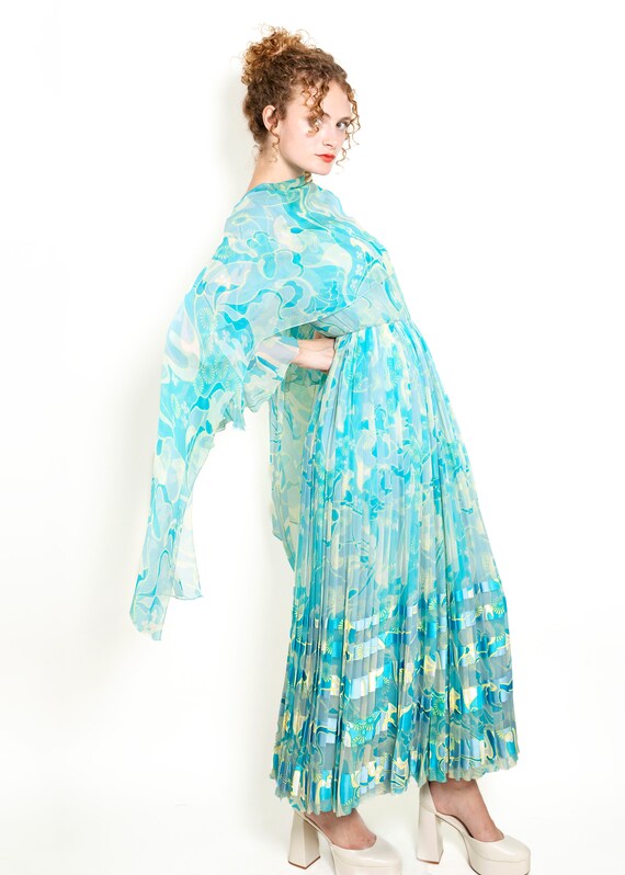 Vintage 1970's Blue Silk Printed Chiffon Dress - image 2