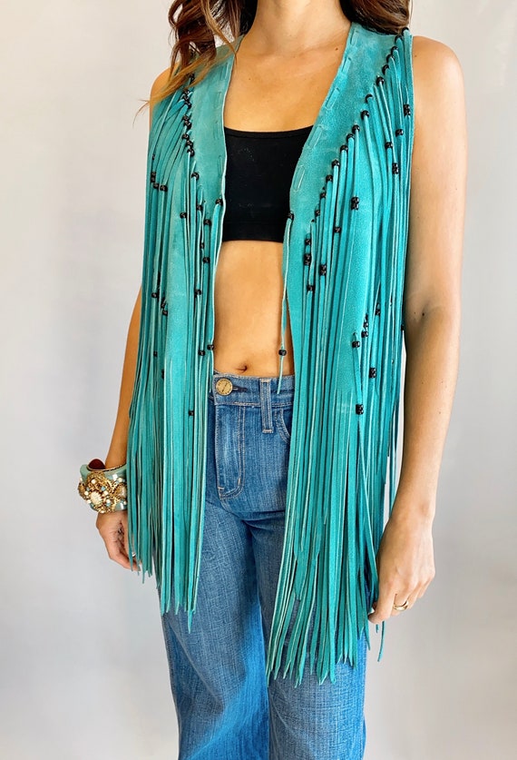 1970's Suede & Beaded Fringe Teal Vest