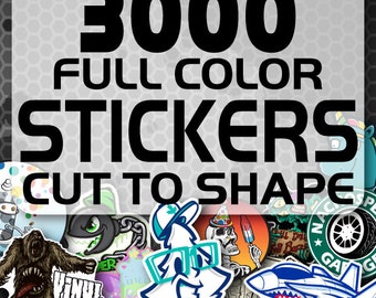 May include: A collage of 3,000 full color stickers cut to shape. The stickers feature a variety of designs, including a monster, a tree, a skull, a plane, and a tire.