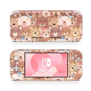 May include: A pink and brown Nintendo Switch Lite console skin with a pattern of cartoon bears. The skin features a variety of bears with different expressions and accessories, including glasses, bows, and scarves. The Nintendo Switch Lite logo is visible on the screen.