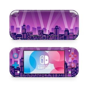 May include: Purple and pink Nintendo Switch Lite console skin with a city skyline and spotlights design. The skin features a purple and pink cityscape with spotlights shining down on the buildings. The Nintendo Switch Lite logo is visible on the screen.