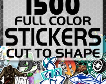 May include: A collection of 1500 full color stickers, cut to shape. The stickers feature a variety of designs, including a cartoon tree wearing glasses, a skull with a party hat, a monster, and a jet plane.