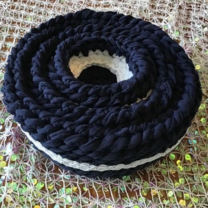 Crocheted t-shirt nesting baskets with white lace trim