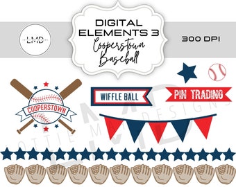 Cooperstown Digital Elements Pack - Cooperstown Scrapbook Paper - Cooperstown Baseball clip art - Digital Scrapbook - Cooperstown SET 3