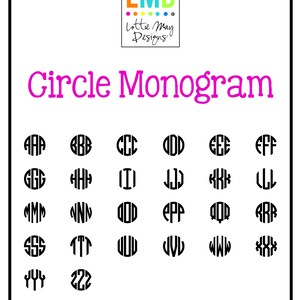 May include: A chart of circle monogram letters from A to Z. The letters are in black and are arranged in a grid.