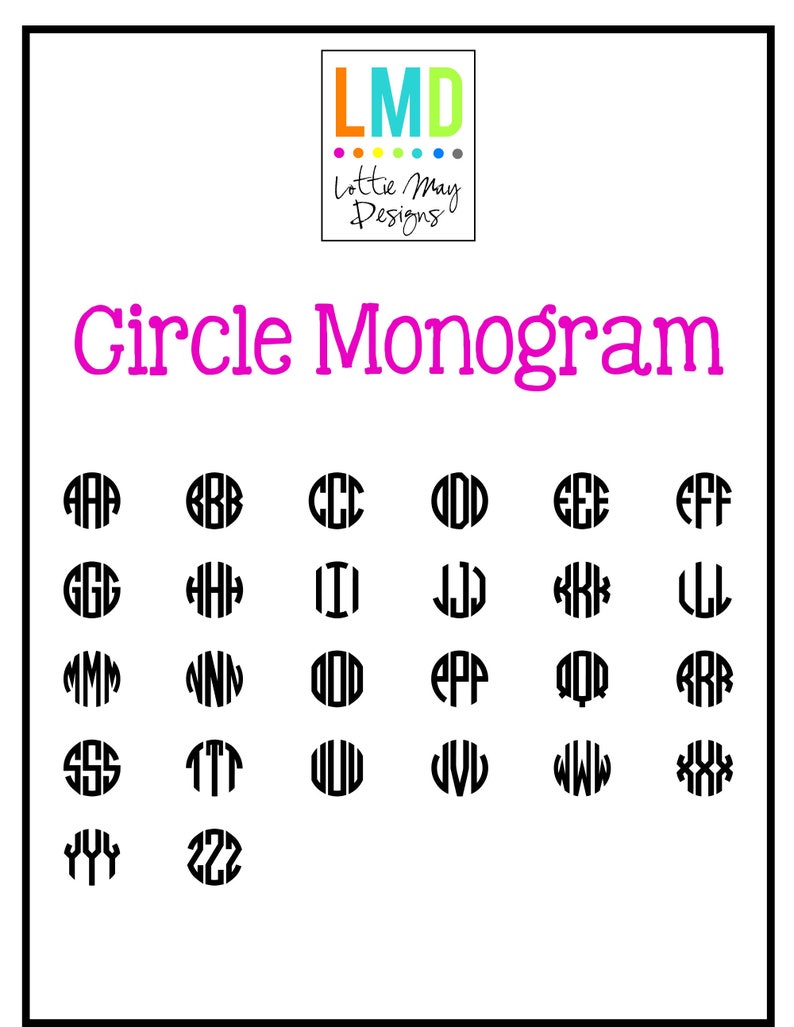 May include: A chart of circle monogram letters from A to Z. The letters are in black and are arranged in a grid.