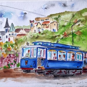 Original watercolor, Blue Tram, Barcelona, gift, watercolor, decoration, travel, signed and certified, tram theme
