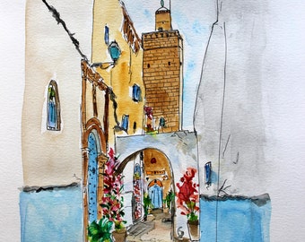 Original watercolor, Morocco, Rabat, certified, colors, gift, watercolor, decoration, travel