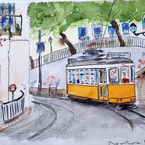 Original watercolor, Tram, Lisbon, gift, watercolor, decoration, travel, signed and certified, tram theme