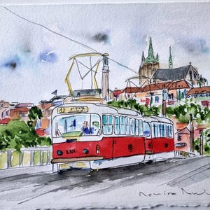 Original watercolor, Tram, Prague, gift, watercolor, decoration, travel, signed and certified, tram theme