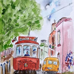 Original watercolor, Tram, Lisbon, gift, watercolor, decoration, travel, signed and certified, tram theme